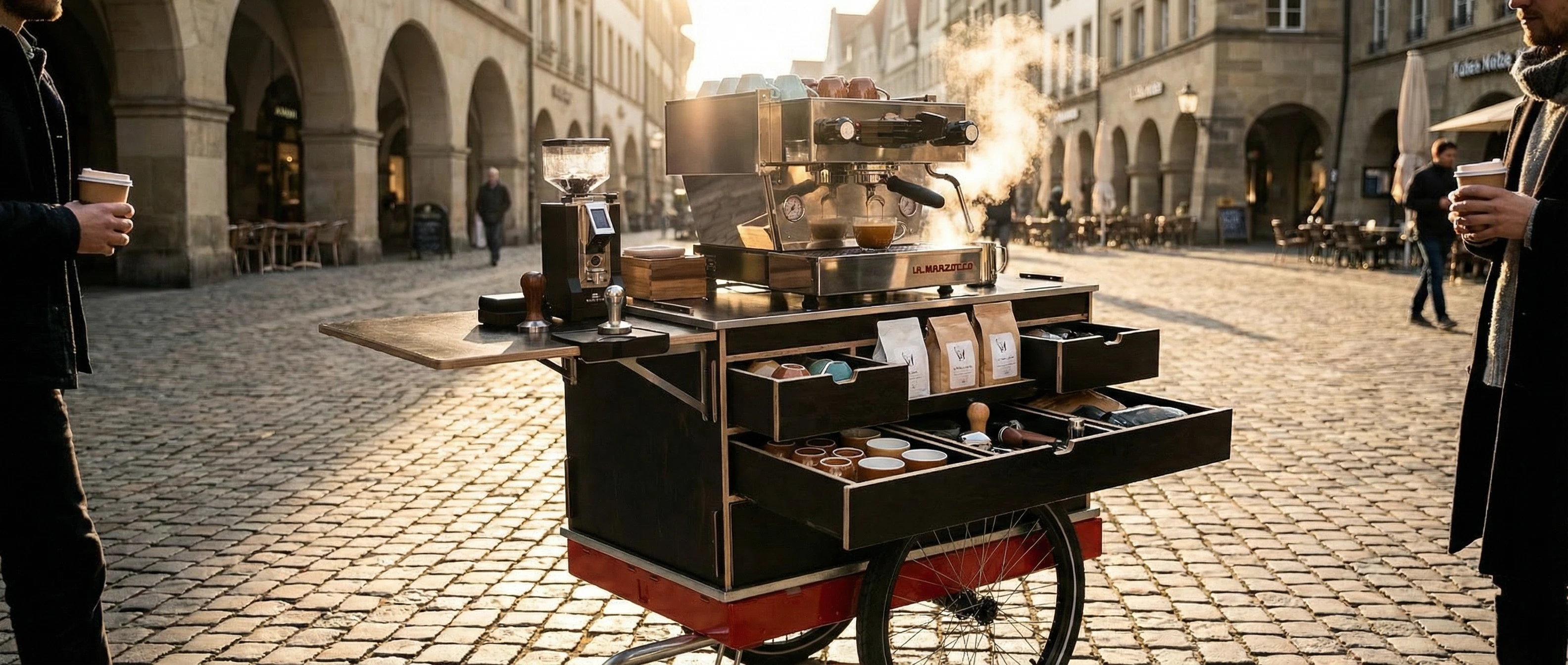 Mobile espresso bar on a cargo bike trailer in a sunny European plaza
