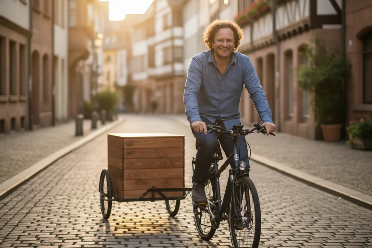 Gründer Tim Kowalke mit Boxtainer auf dem Fahrrad in Frankfurt