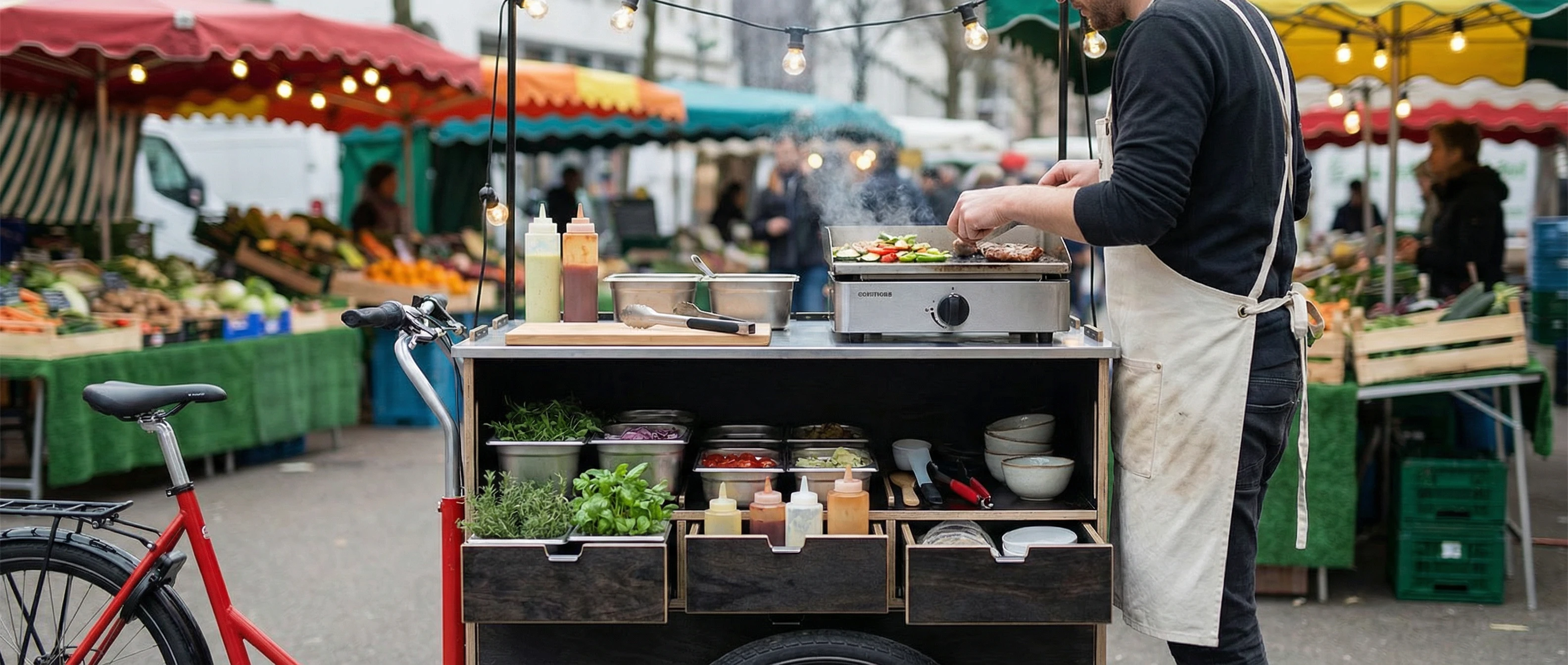 Gourmet street food station built on a modular bike trailer at a farmers market
